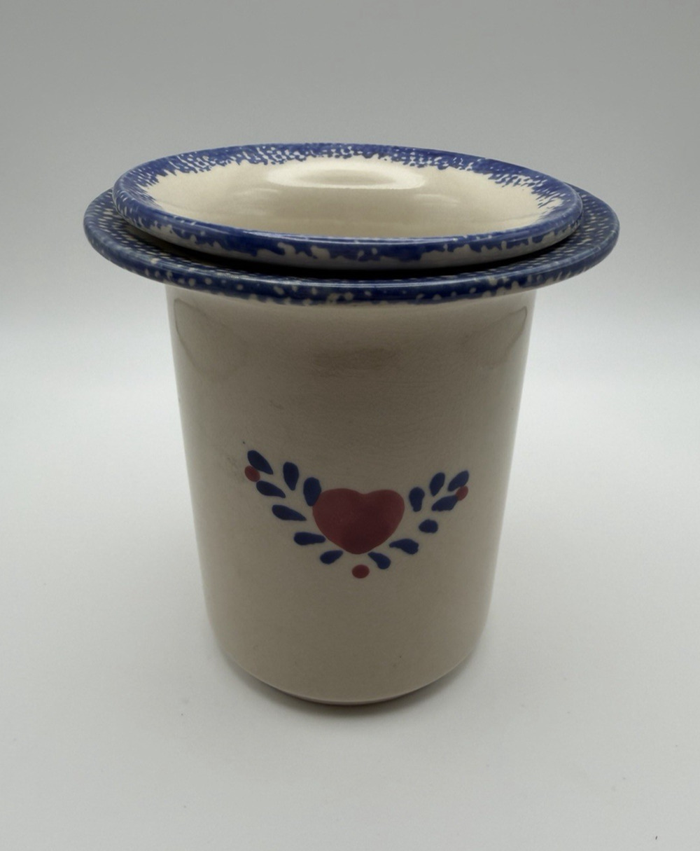 90s Vintage Stoneware Dip Chiller 2 Piece Crock Set Country Heart Cottage Farm